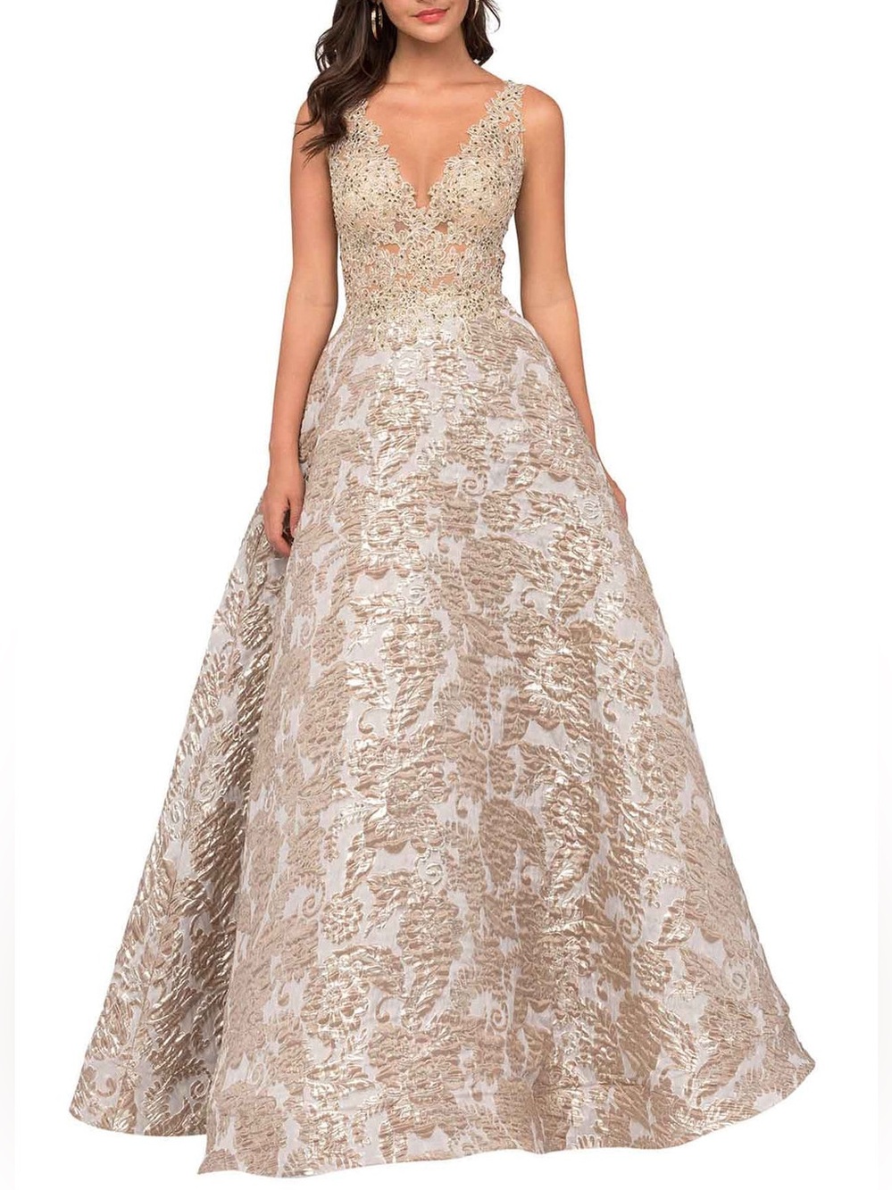 Cecilia Couture Beaded Brocade Ball Gown Illusion Formal Dress with pockets 12